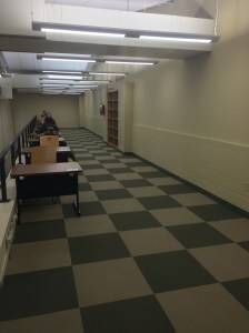 Display boards will be set up along the wall in the upper floor of the library. Tall pedestals will be stood along the wall to display larger pieces. Short pedestals will be placed in the shelf to display smaller pieces.